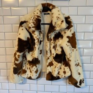 SHEIN COW PRINT FAUX FUR OPEN FRONT COAT- WOMENS SMALL